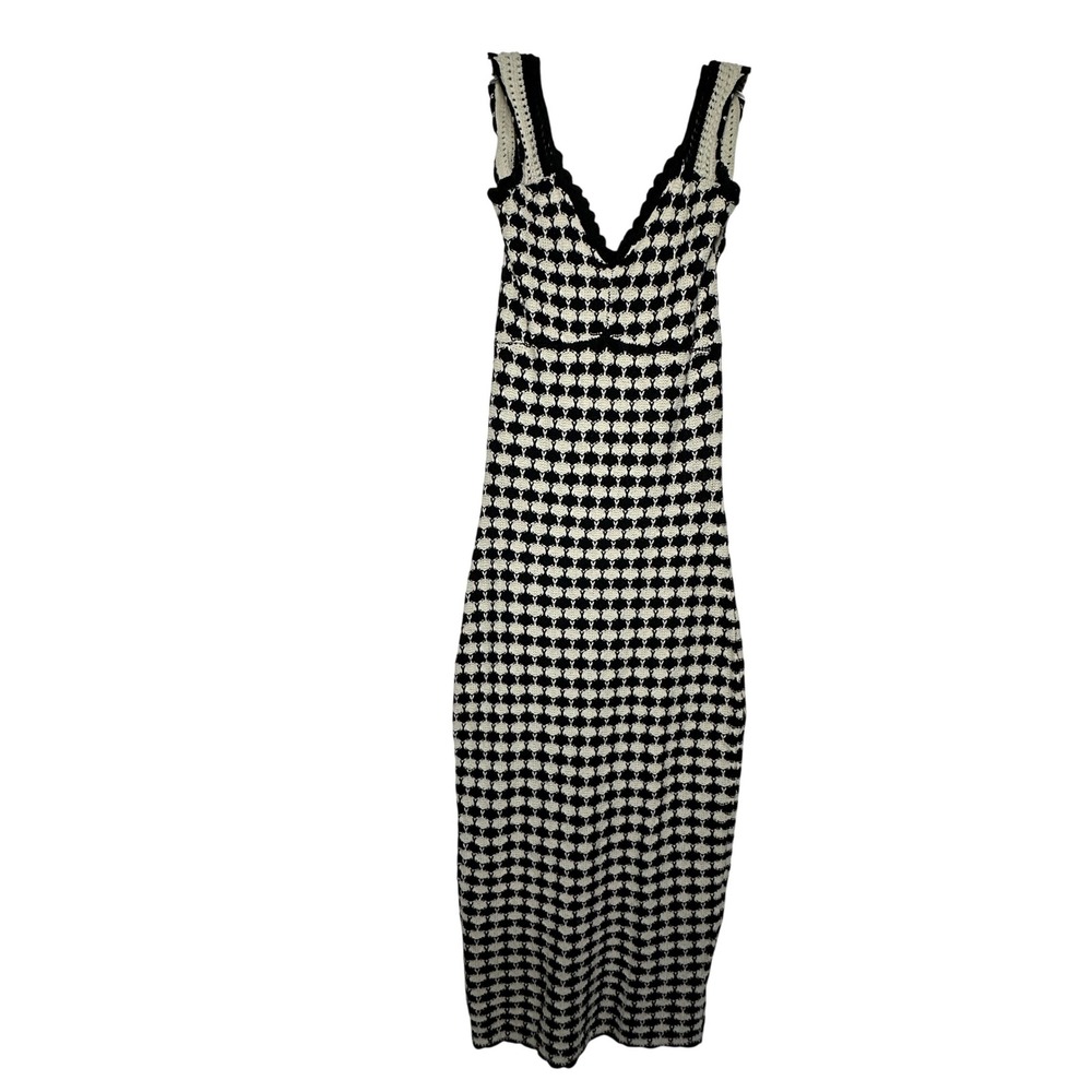 Miou Muse Crochet Knit Maxi Dress Ruffle Straps Retro Black Cream Honeycomb Boho - Picture 2 of 13